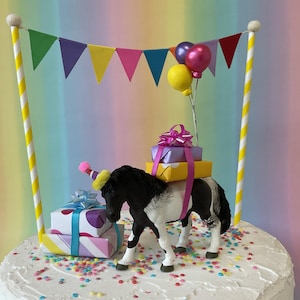 Black and White Piebald Pony Cake Topper Party Hat, Balloons & Present Stacks included Horse Birthday Cake Decoration with optional bunting.
