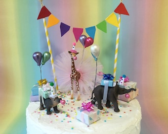 Safari Animal Cake Topper: Hippo, Elephant, Giraffe with Balloons