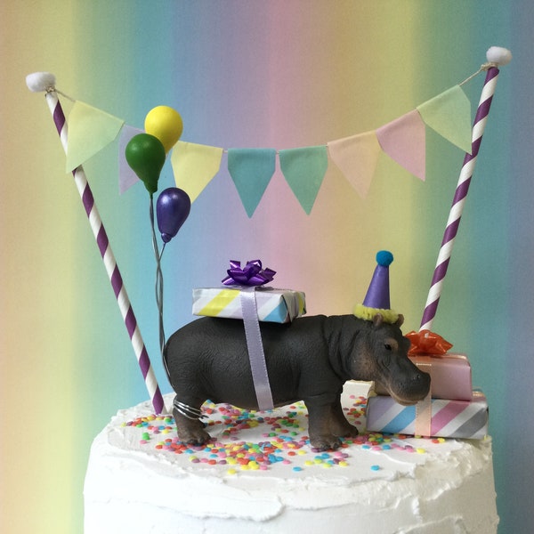 Hippo cake topper Party Animal cake topper with balloons present stacks and bunting included