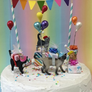 Cat cake topper Party Animal cake decoration  Cat birthday cake decoration Siamese Tabby or black and white cat with optional bunting