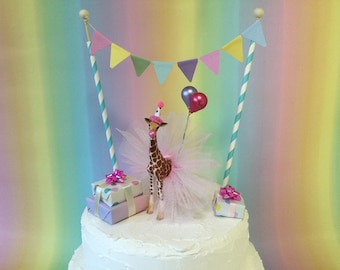 Giraffe Calf Cake Topper: Bubblegum Party Animal with Balloons & Presents