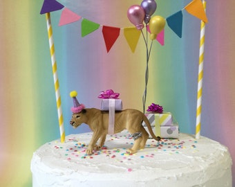 Lioness cake topper Party Animal cake topper with balloons hat and presents included plus optional cake bunting