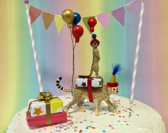 Cheetah and Meerkat cake topper Party Animal cake decoration safari animal Birthday cake topper with optional cake bunting .