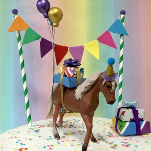 Horse cake topper with balloons present stack and party hat included also option to add cake bunting garland Palomino Stallion decoration.