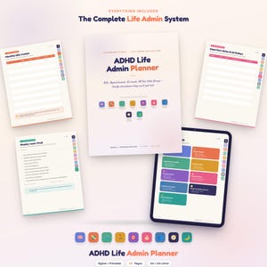 Peut inclure: Un système de planificateur ADHD Life Admin numérique et imprimable comprenant une page de couverture centrale, une tablette affichant un tableau de bord et trois pages internes dont un suivi des factures, des dates et un rituel hebdomadaire.