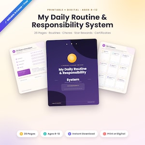 Kids Daily Routine Chart Printable, Responsibility Planner, Chore Chart Star Reward System, Editable Canva Template, Ages 4-12