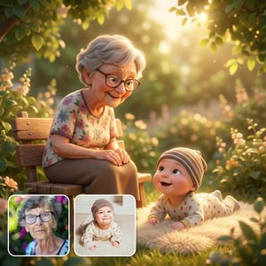 Peut inclure: Une grand-mère souriante, portant des lunettes, est assise sur un banc en bois, regardant un bébé. Le bébé, vêtu d'un bonnet rayé et d'un pyjama, est allongé sur un tapis moelleux. Scène ensoleillée en extérieur.