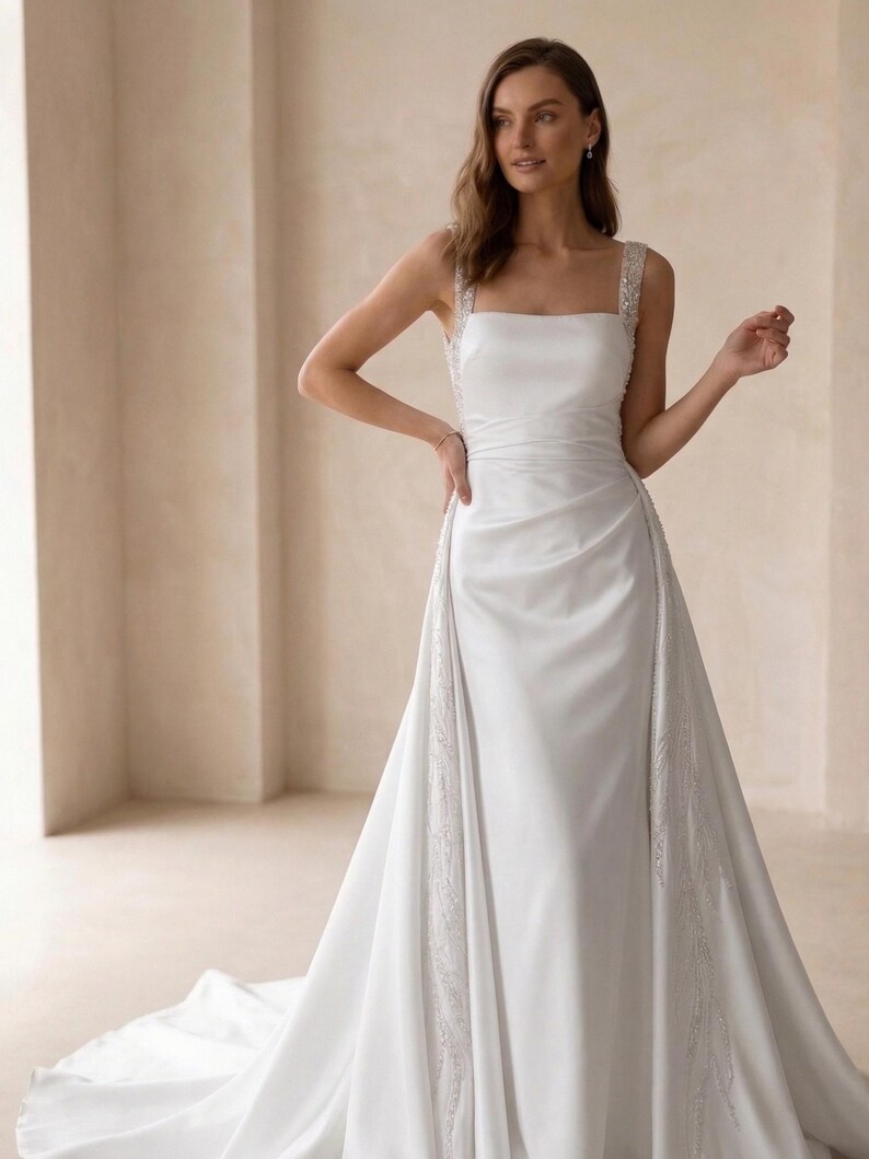 Pode incluir: Um vestido de noiva branco com decote quadrado e al&ccedil;as adornadas. O vestido apresenta um corpete ajustado e uma saia fluida com cauda. Detalhes delicados de contas adornam as laterais da saia, adicionando um toque de brilho ao design elegante.