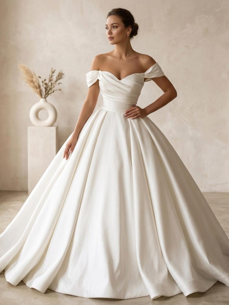 May include: A white off-the-shoulder wedding gown with a fitted bodice and a full, flowing skirt. The dress features a sweetheart neckline and a defined waist. The fabric appears to be a smooth, satin-like material. The gown is elegant and classic.