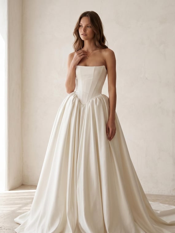 Buy Boho A Line Wedding Dress Strapless Satin Bridal Gown Sweep Train Elegant Long Bride Dress Custom Made Wedding Gown 2026 Online in India