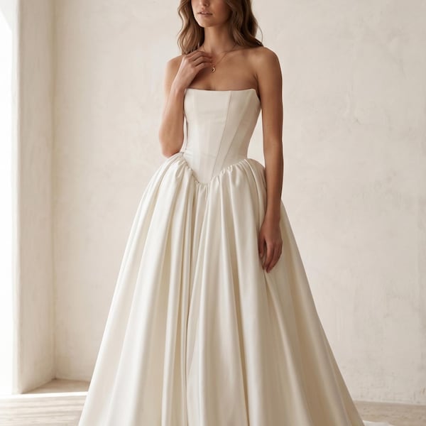 Boho A Line Wedding Dress Strapless Satin Bridal Gown Sweep Train Elegant Long Bride Dress Custom Made Wedding Gown 2026