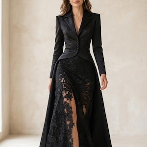 Women Two Piece Skirt Set Lapel Button Top Lace Patchwork Slim Fit Elegant Party Suit Formal Occasion Outfit 2026