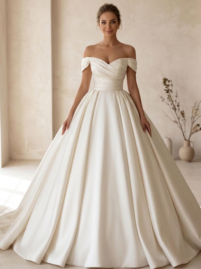 May include: An off-white, off-the-shoulder wedding gown with a full skirt. The bodice features a sweetheart neckline and a cinched waist. The dress is made of a smooth, satin-like fabric. The gown is floor-length and has a slight train.