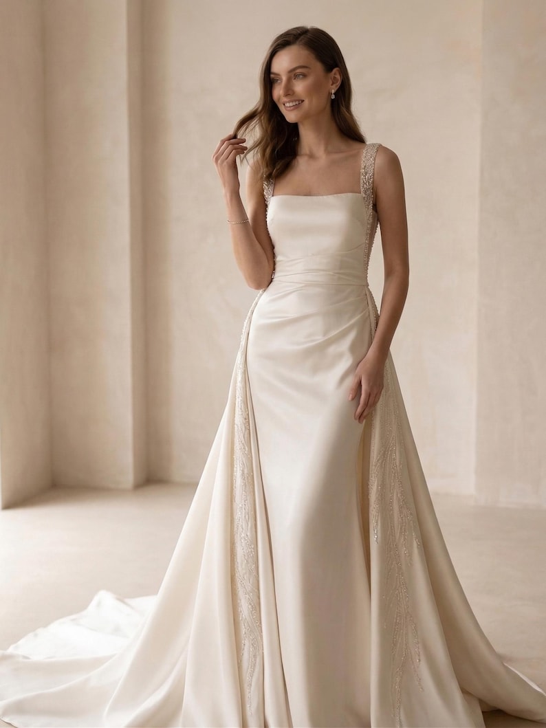 Pode incluir: Vestido de noiva marfim com decote quadrado e cauda fluida. O vestido apresenta al&ccedil;as adornadas e um corpete justo que se abre em uma saia ampla. O design do vestido &eacute; cl&aacute;ssico e elegante, adequado para um casamento formal.