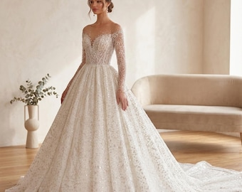 Vestido de novia de lujo, manga larga, estilo princesa, vestido de novia elegante con lentejuelas, vestido de novia formal 2026