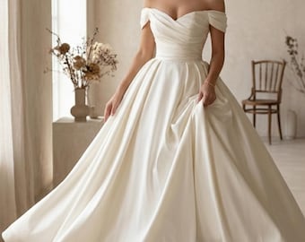 Vestido de noiva branco ombro a ombro em cetim, com amarração nas costas e cauda longa, elegante e plus size (modelo 2026).