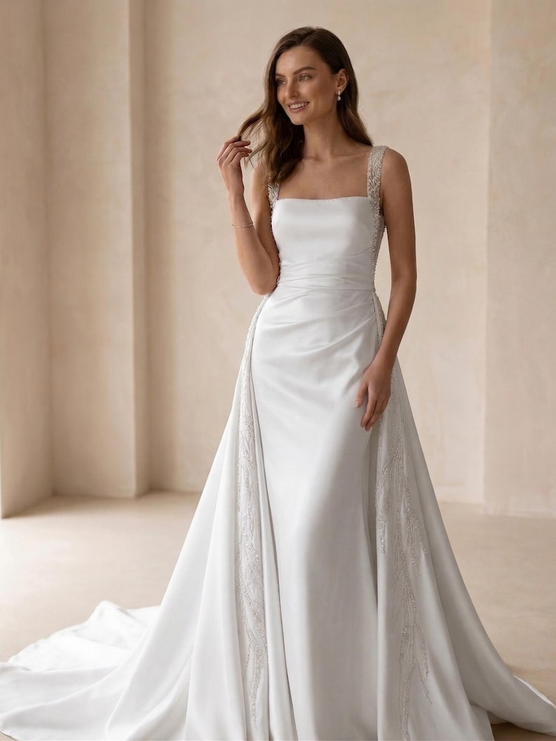 Pode incluir: Um vestido de noiva branco de cetim com decote quadrado e cauda fluida. O vestido apresenta delicados enfeites de contas nas al&ccedil;as e ao longo da lateral da saia. O vestido &eacute; longo e tem um corpete ajustado.