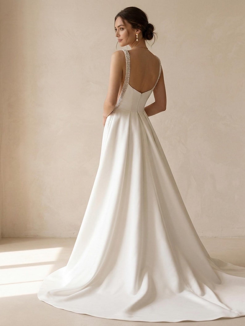 Pode incluir: Um vestido de noiva branco com uma saia fluida e costas baixas. As al&ccedil;as s&atilde;o adornadas com pequenas contas brilhantes. O vestido tem um design simples e elegante, ideal para uma cerim&oacute;nia de casamento.