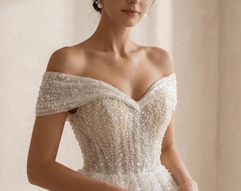 Plus Size Princess Wedding Dress | Off Shoulder Sleeveless Glitter Ball Gown Custom Bridal
