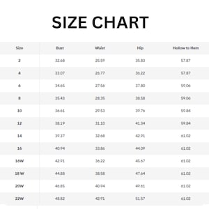 May include: A white size chart with black text. The chart lists sizes, bust, waist, hip, and hollow to hem measurements. Sizes range from 2 to 26W, with corresponding measurements in inches. The title "SIZE CHART" is at the top.