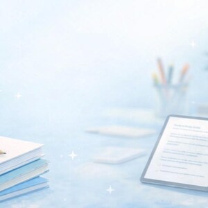 Könnte beinhalten: Eine hellblaue Arbeitsplatzszene mit einem Stapel Notizbücher, einem Tablet mit Text und einem Bleistift. Ein gelber Stift liegt auf dem Tisch. Eine kleine Topfpflanze und ein Becher mit Stiften befinden sich im Hintergrund. Die Szene ist sanft beleuchtet.