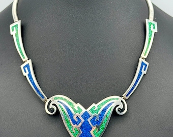 Collar vintage Taxco con mariposa azul y verde, plata 925, estilo Art Déco, 44 g, TC-112