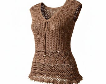 Crochet Brown Tunic Top Retro Boho with Cap Sleeves Tie Neck Detailed Bead Hem