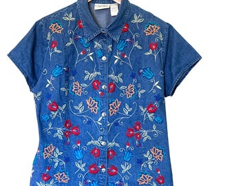 Women's Embroidered Denim Shirt XL Cotton Short Sleeve Button-Up Vibrant Floral