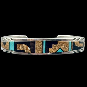 Bracciale rigido in argento sterling con intarsi in stile sud-occidentale, diaspro, turchese e onice - Don Lucas 40g