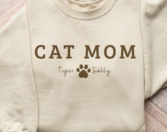 CAT MOM Pullover, T-Shirt mit Katzenname, Katzenbesitzerin Geschenk, Katzenliebhaber, Katzenmama Pullover, Pfotenabdruck