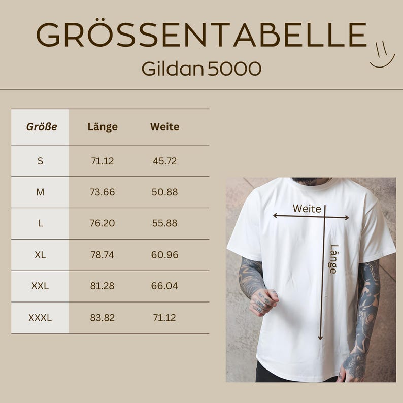 K&ouml;nnte beinhalten: Eine Gr&ouml;&szlig;entabelle f&uuml;r ein Gildan 5000 T-Shirt mit Spalten f&uuml;r Gr&ouml;&szlig;e, L&auml;nge und Weite. Die Tabelle listet die Gr&ouml;&szlig;en S bis XXXL mit den entsprechenden Ma&szlig;en in Zentimetern auf. Ein Diagramm zeigt ein wei&szlig;es T-Shirt mit Pfeilen f&uuml;r L&auml;nge und Weite.
