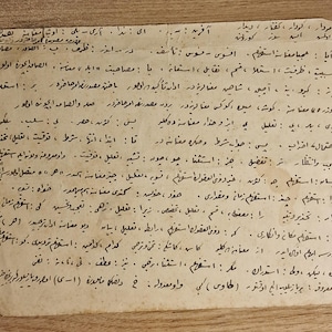 May include: A rectangular, aged piece of off-white paper featuring handwritten text in Persian script arranged in multiple rows. The paper shows signs of wear, including frayed edges, creases, and light brown staining, with dark ink characters.