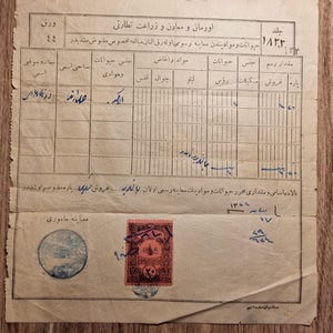 May include: A vintage, off-white paper document featuring a printed grid table with Ottoman Turkish script and handwritten blue ink entries. The document includes a rectangular red postage stamp with intricate black details and a circular blue ink stamp.