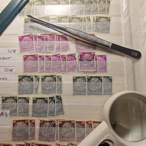 Könnte beinhalten: Eine Sammlung alter Briefmarken in einem transparenten Album, mit Werten von 30, 40, 50 und 60. Eine Pinzette und eine Lupe sind ebenfalls zu sehen, was auf philatelistische Aktivitäten hindeutet.