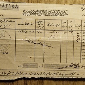 May include: A vintage document with Arabic script and numbers, featuring columns and seals. The paper is aged with visible creases and stains, suggesting historical significance. The document's layout includes headings and handwritten notes.