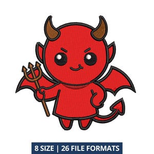 May include: A red devil cartoon character with brown horns, black wings, and a brown trident. The devil has a smiling face with large black eyes. The image includes the text "8 SIZE | 26 FILE FORMATS" in a blue rectangle.