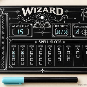 May include: A black rectangular tabletop gaming character sheet for a Wizard, featuring white printed text and graphics including Armor Class, Hit Points, Concentration, and Spell Slots from level 1 to 9, accompanied by a light blue dry-erase marker.