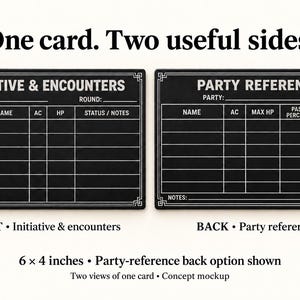 May include: Two black rectangular cards with white text and grid lines. The left card is labeled INITIATIVE & ENCOUNTERS with columns for turn, init, name, ac, hp, and status/notes. The right card is labeled PARTY REFERENCE with columns for name, ac, max hp, passive perception, and speed. The cards measure 6 by 4 inches.