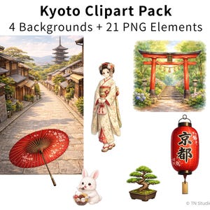 Könnte beinhalten: Kyoto Clipart-Paket mit japanischen kulturellen Elementen. Enthält eine Straßenszene, eine Frau im Kimono, ein rotes Torii-Tor, eine rote Laterne, einen Bonsai-Baum, ein Kaninchen und einen roten Sonnenschirm. Der Text lautet "Kyoto Clipart Pack" und "4 Backgrounds + 21 PNG Elements."