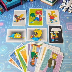 Puede incluir: Una colección de cromos coloridos con personajes de la serie de dibujos animados Los Simpson. Las cartas están dispuestas sobre una superficie azul con un diseño de placa de circuito, junto con modelos de arcade y libros en miniatura.