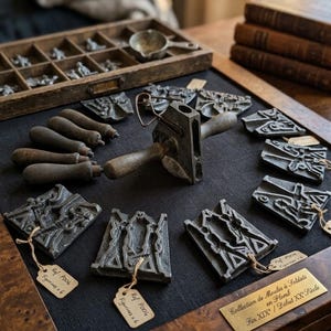 Puede incluir: Una colección de moldes de metal para soldados con mangos de madera dispuestos sobre un tablero de exhibición de tela oscura. El conjunto incluye varias mitades de moldes de metal fundido, una herramienta de sujeción central y una placa de latón con la inscripción Collection de Moules a Soldats en Plomb Fin XIXe / Debut XXe Siecle, con pequeñas etiquetas de papel unidas a cada pieza.