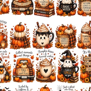 May include: A collection of autumn-themed digital illustrations featuring pumpkins, ghosts in witch hats, mugs with whipped cream, plaid patterns, and fall foliage. The designs include text such as Fall Vibes, Basic Witch, Pumpkin Spice, and Cozy Spooky Days Ahead.