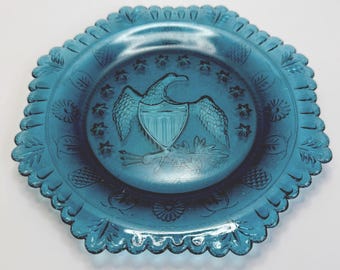 Vintage Teal Blue Pressed Glass Eagle Plate