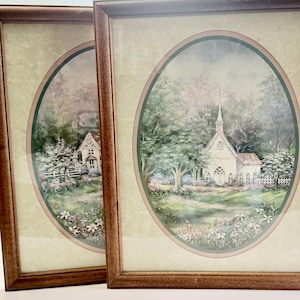 Vintage Home Interiors Framed Country Cottage & Church Prints Set