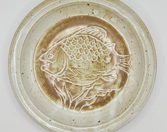 Handmade Studio Pottery Fish Plate, Sgraffito Artist Signed Stoneware