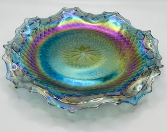 Vintage Blue Carnival Glass Ruffled Dish, Iridescent Peacock Finish, Diamond & Sunburst Pattern