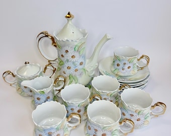 Vintage J. L. Brown Floral Gold-Gilded Porcelain Tea Set for 6