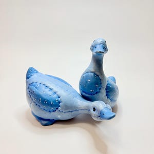 Vintage Blue Patched Ceramic Goose Pair