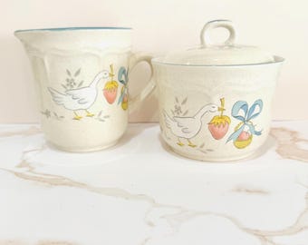 Vintage Country Goose Creamer and Sugar Bowl Set with Lid - International China Co. "Country Kitchen" Stoneware