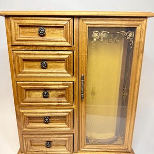 Vintage Wooden Jewelry Music Box Armoire with Etched Glass Door and Necklace Carousel Cabinet